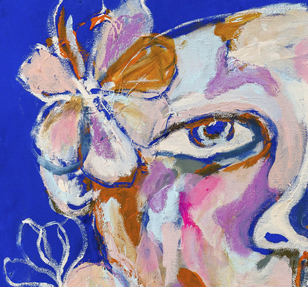 Multi-faceted figure with flowers and cobalt blue background 