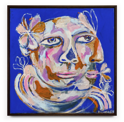 Multi-faceted figure with flowers and cobalt blue background 