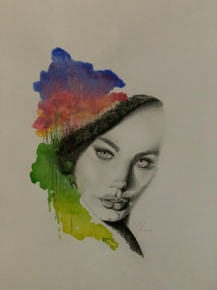 A drawing of a womans face with pops of color to highlight the black and white facial features of the drawing. 