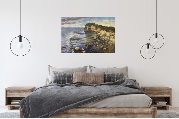 Oil painting of the  Skillion at the Haven Terrigal.   This large rock formation rises above the rock platforms, that are covered with the rising tide.    Blue is the dominant colour of the sea in the background, sky and flowing water over the rocks.