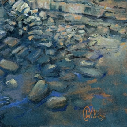 Oil painting of the  Skillion at the Haven Terrigal.   This large rock formation rises above the rock platforms, that are covered with the rising tide.    Blue is the dominant colour of the sea in the background, sky and flowing water over the rocks.