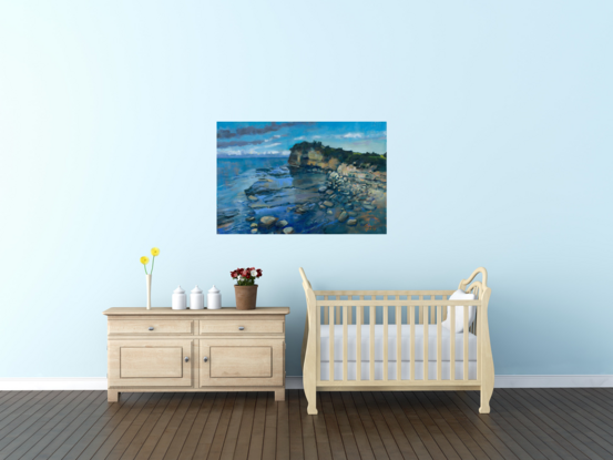 Oil painting of the  Skillion at the Haven Terrigal.   This large rock formation rises above the rock platforms, that are covered with the rising tide.    Blue is the dominant colour of the sea in the background, sky and flowing water over the rocks.