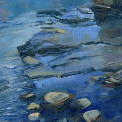 Oil painting of the  Skillion at the Haven Terrigal.   This large rock formation rises above the rock platforms, that are covered with the rising tide.    Blue is the dominant colour of the sea in the background, sky and flowing water over the rocks.