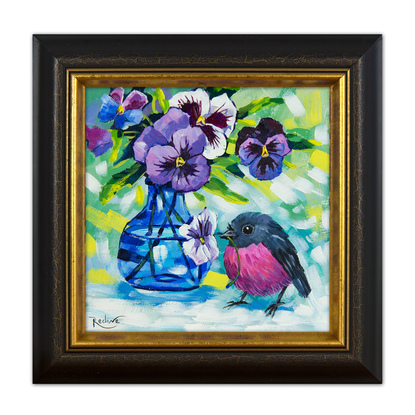 Pink Robin and pansies still life original painting by Irina Redine. Australian bird small artwork framed and ready to hang, gift idea