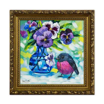 Pink Robin and pansies still life original painting by Irina Redine. Australian bird small artwork framed and ready to hang, gift idea