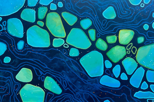 Organic shapes of pale blue and green on a darker blue background, flowing through the centre of the piece. These are surrounded by flowing lines of dark blue, showing the flow of the current. Small pips of orange, yellow, pink and white accent the painting.