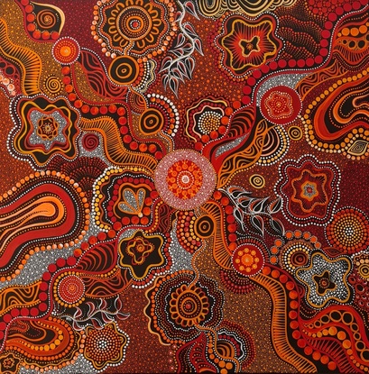 This artwork has been painted in the vibrant colours of cadmium yellows, reds and oranges that represent my lands and the spirits that walk the lands. The central circle, a camp, my birth place and radiating out from this is the story, the loves, children and losses that I have been through. With my Ancestors watching, guiding me through always. This artwork is a visual songline of my past. 