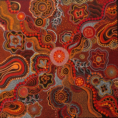 This artwork has been painted in the vibrant colours of cadmium yellows, reds and oranges that represent my lands and the spirits that walk the lands. The central circle, a camp, my birth place and radiating out from this is the story, the loves, children and losses that I have been through. With my Ancestors watching, guiding me through always. This artwork is a visual songline of my past. 