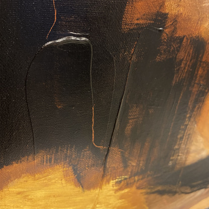 bold marks in warm earthy browns, black mixed with yellow ochre across the canvas suggestive of travelling through lives landscape of valleys, and open spaces made from expressive marks.