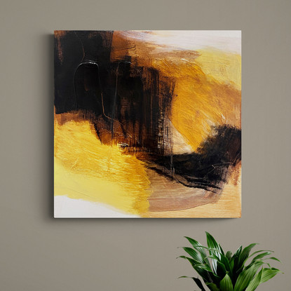 bold marks in warm earthy browns, black mixed with yellow ochre across the canvas suggestive of travelling through lives landscape of valleys, and open spaces made from expressive marks.