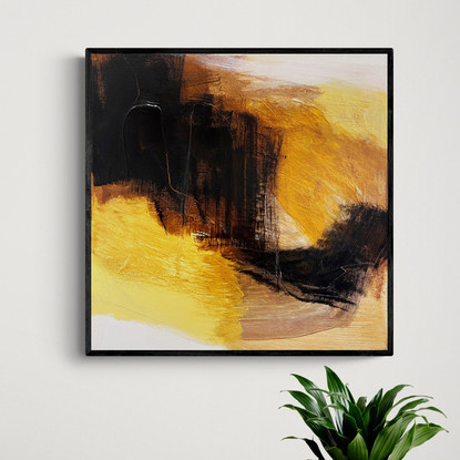 bold marks in warm earthy browns, black mixed with yellow ochre across the canvas suggestive of travelling through lives landscape of valleys, and open spaces made from expressive marks.