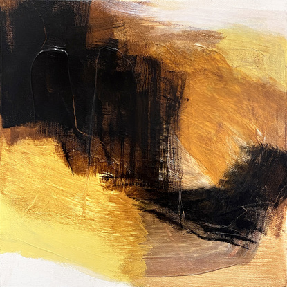 bold marks in warm earthy browns, black mixed with yellow ochre across the canvas suggestive of travelling through lives landscape of valleys, and open spaces made from expressive marks.