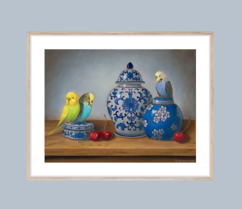 Three budgies and ginger jars