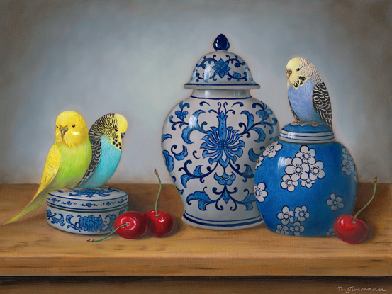 Three budgies and ginger jars