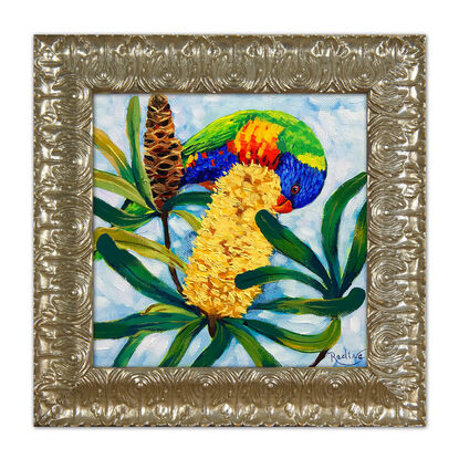 Rainbow lorikeet and Banksia original painting by Irina Redine. Australian nature small artwork framed and ready to hang, gift idea