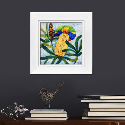 Rainbow lorikeet and Banksia original painting by Irina Redine. Australian nature small artwork framed and ready to hang, gift idea