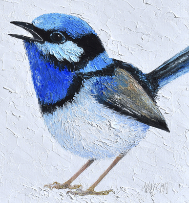 A thickly textured painting of two Superb Fairy Wrens on a white painted background. One, a brown female and the other a brilliant blue male.