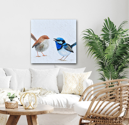 A thickly textured painting of two Superb Fairy Wrens on a white painted background. One, a brown female and the other a brilliant blue male.