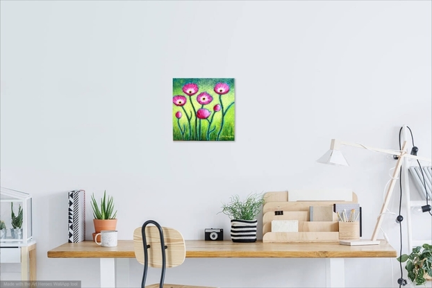 A cluster of happy pink poppies against a speckled greenish yellow background. Some of the flowers are open while others are closed. A happy painting to brighten your room.