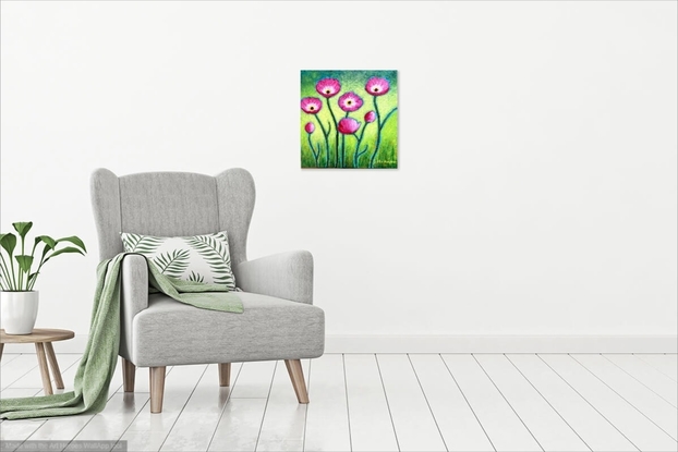 A cluster of happy pink poppies against a speckled greenish yellow background. Some of the flowers are open while others are closed. A happy painting to brighten your room.