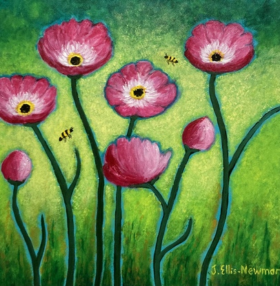 A cluster of happy pink poppies against a speckled greenish yellow background. Some of the flowers are open while others are closed. A happy painting to brighten your room.