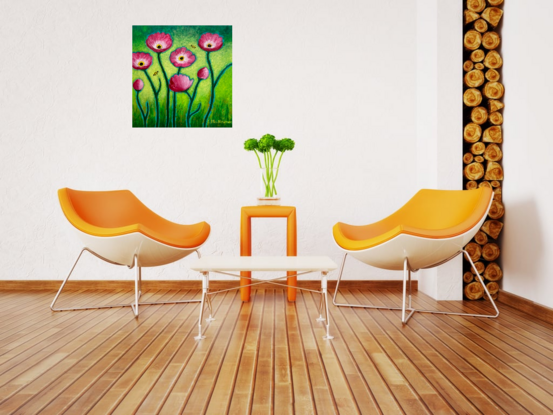 A cluster of happy pink poppies against a speckled greenish yellow background. Some of the flowers are open while others are closed. A happy painting to brighten your room.