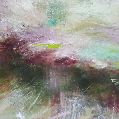 Large minimal landscape in greens and dusky rose, closeup scene of riverbank on a little creek through tussock grasses with white butterflies. By Australian artist Victoria Collins. 