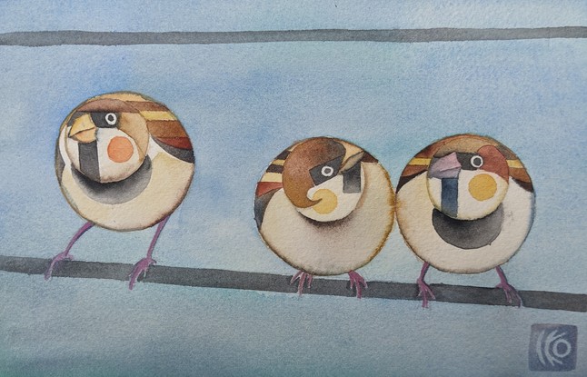 Three sparrows  sit on power line