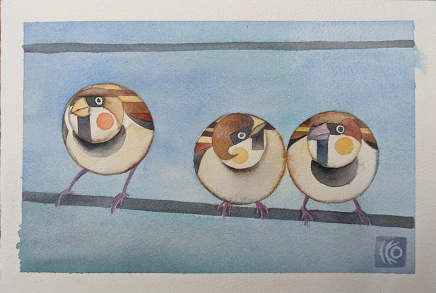 Three sparrows  sit on power line