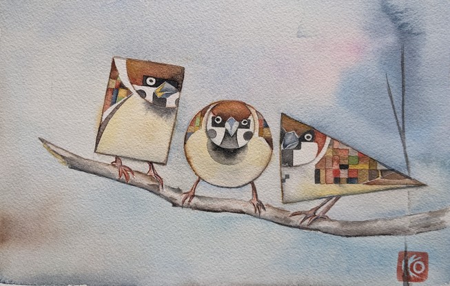 Three sparrows sitting on a tree