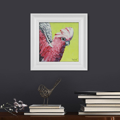 Galah cockatoo portrait on turquoise background original painting by Irina Redine. Australian rose-breasted cockatoo small artwork framed and ready to hang, gift idea