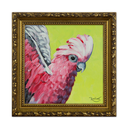 Galah cockatoo portrait on turquoise background original painting by Irina Redine. Australian rose-breasted cockatoo small artwork framed and ready to hang, gift idea