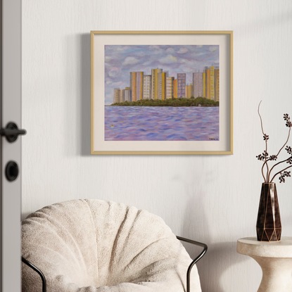 This painting has tall city buildings in the background. The view is over the harbour looking at the trees that surround the city buildings. There is a boat shed in the distance. A lone kayaker paddles in the harbour's still water.