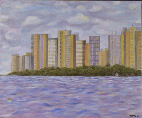 This painting has tall city buildings in the background. The view is over the harbour looking at the trees that surround the city buildings. There is a boat shed in the distance. A lone kayaker paddles in the harbour's still water.