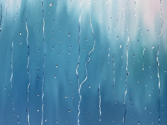 Raindrop on a window painting with a pale blue, pale pink and turquoise background