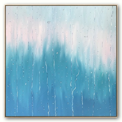 Raindrop on a window painting with a pale blue, pale pink and turquoise background