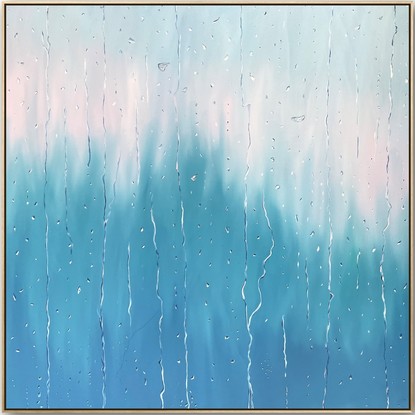 Raindrop on a window painting with a pale blue, pale pink and turquoise background