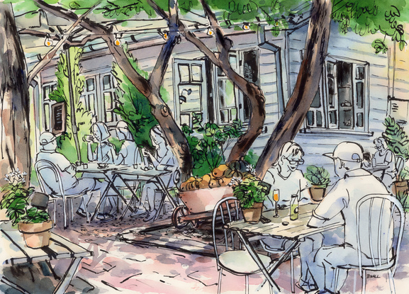 Garden Coffee Shop with people sitting at tables under trees.