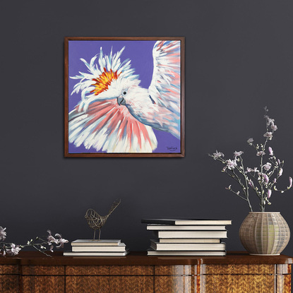 Party cockatoo - Major Mitchell Cockatoo original one-of-a-kind acrylic painting by Irina Redine.
Framed and ready to hang original wall art