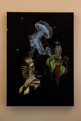 native bird , jellyfish and flower with dramatic background