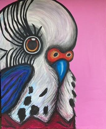 A beautiful expressive portrait of a  female  Budgie. She looks graceful and proud and would be a talking  point in any room. The Budgerigar is a colourful parrot native to Australia 