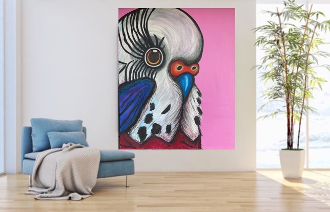 A beautiful expressive portrait of a  female  Budgie. She looks graceful and proud and would be a talking  point in any room. The Budgerigar is a colourful parrot native to Australia 