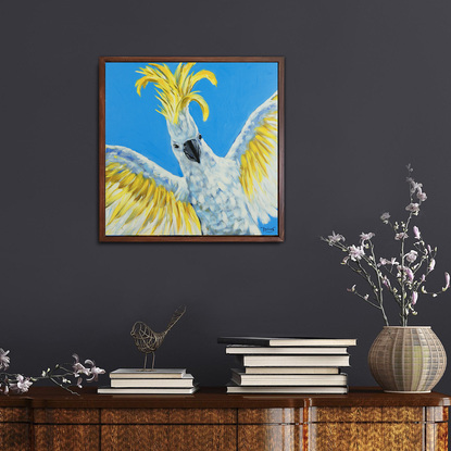 Party Star - Sulphur-crested Cockatoo original one-of-a-kind acrylic painting by Irina Redine.
Framed and ready to hang original wall art