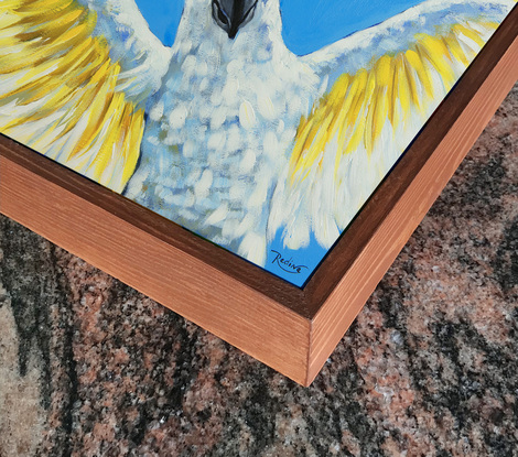 Party Star - Sulphur-crested Cockatoo original one-of-a-kind acrylic painting by Irina Redine.
Framed and ready to hang original wall art