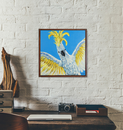 Party Star - Sulphur-crested Cockatoo original one-of-a-kind acrylic painting by Irina Redine.
Framed and ready to hang original wall art