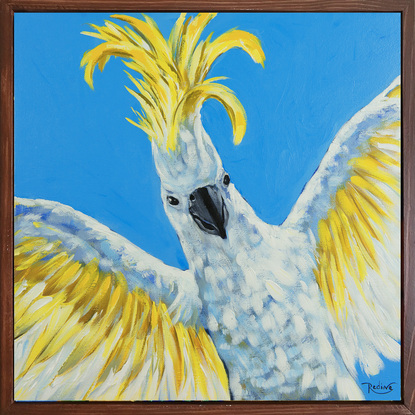 Party Star - Sulphur-crested Cockatoo original one-of-a-kind acrylic painting by Irina Redine.
Framed and ready to hang original wall art