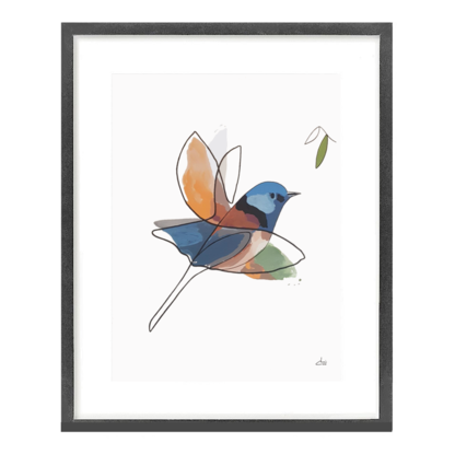 Multi coloured fairywren bird in flight with  tree leaves