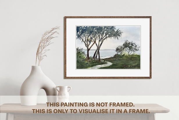 A beach scene on Moreton Island, grass in the foreground, pandanas trees in the mid-ground and the ocean in the distance.