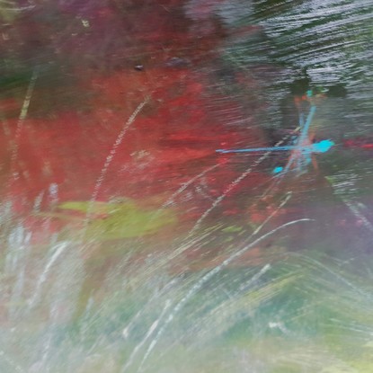 Large minimal landscape in greens with dark crimson and dusky rose, closeup scene of riverbank on a little creek through tussock grasses with white butterflies. By Australian artist Victoria Collins. 