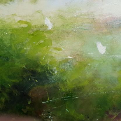 Large minimal landscape in greens with dark crimson and dusky rose, closeup scene of riverbank on a little creek through tussock grasses with white butterflies. By Australian artist Victoria Collins. 